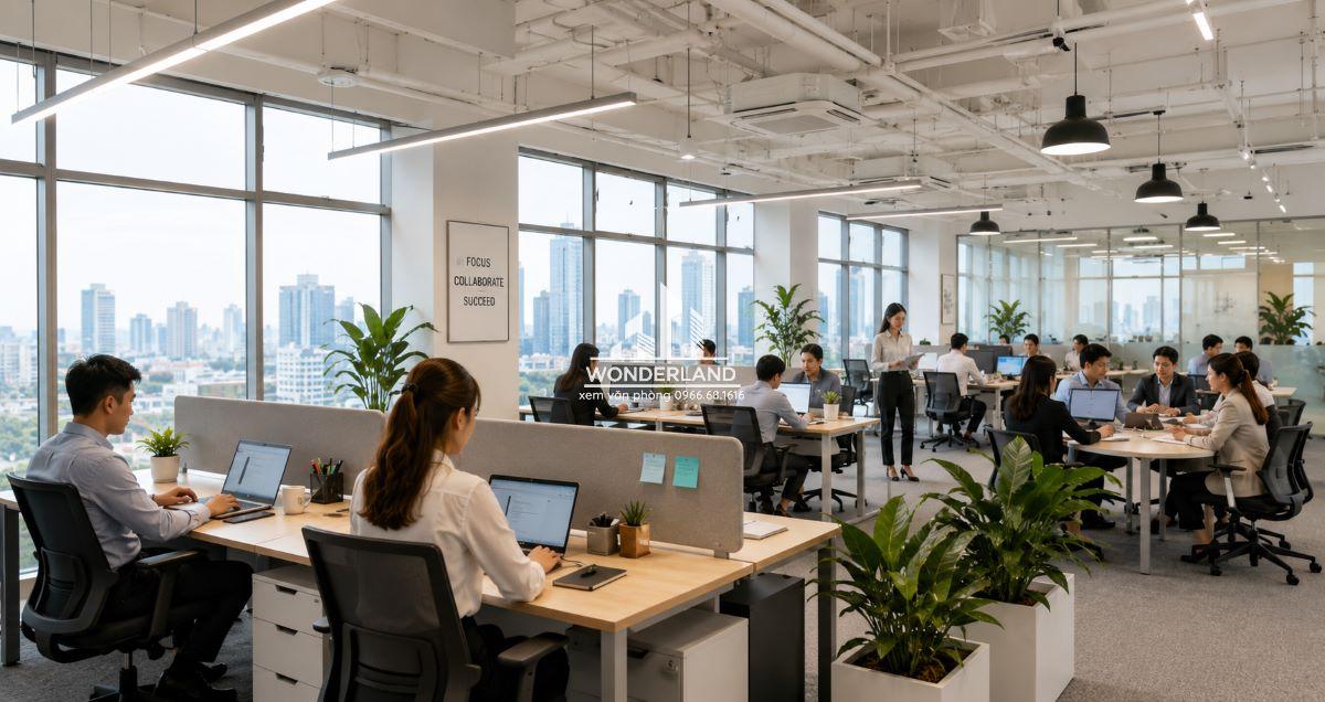Không gian làm việc hiện đại, nhân viên đang họp, văn phòng xanh