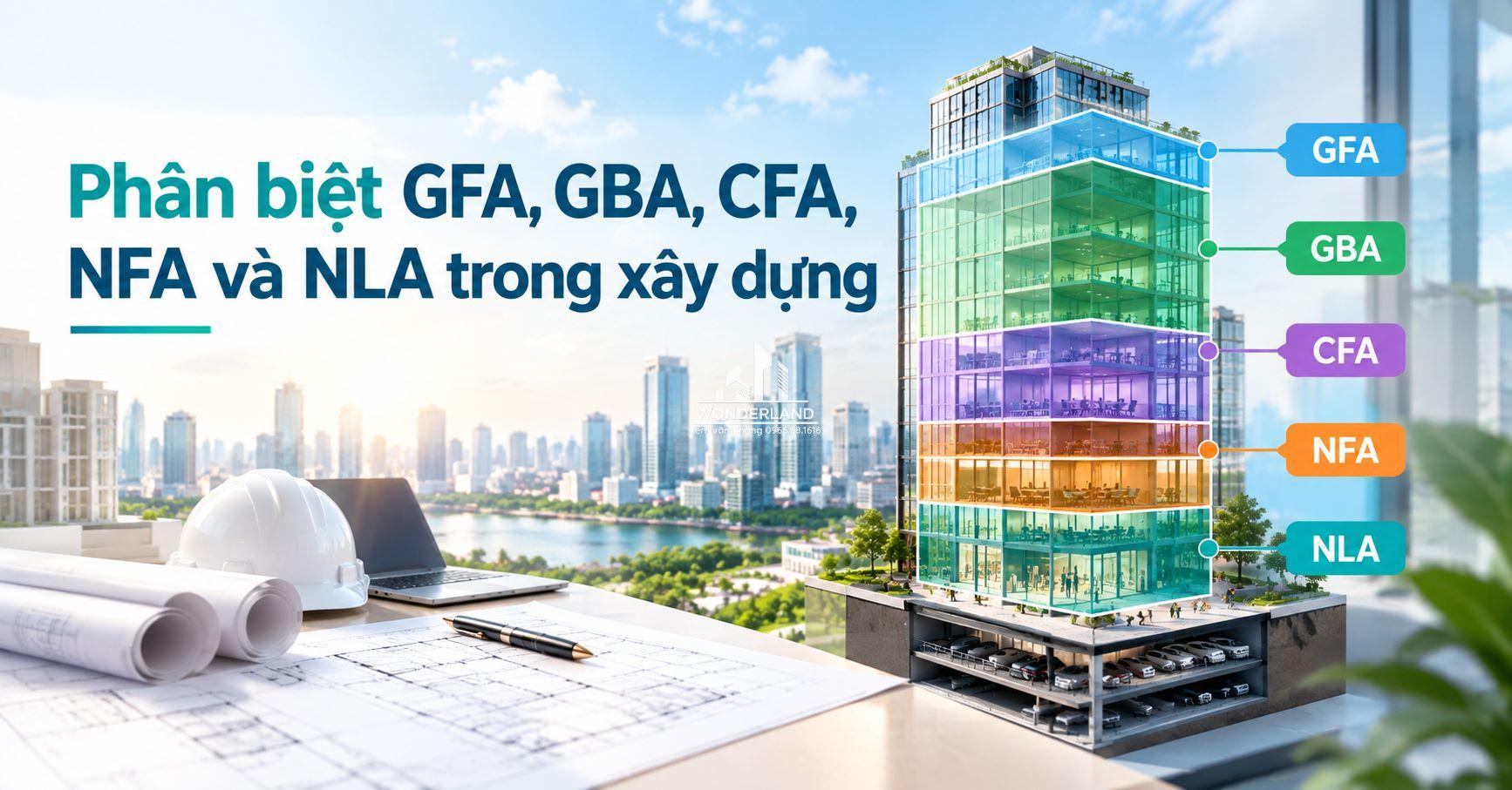 Phân biệt GFA, GBA, CFA, NFA và NLA trong xây dựng